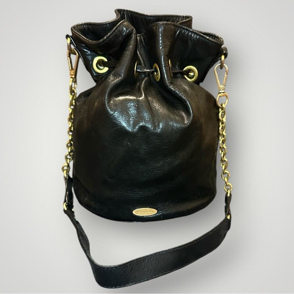 Tahari Black Leather Gold Chain Crossbody Bucket Bag - Picture 3 of 6